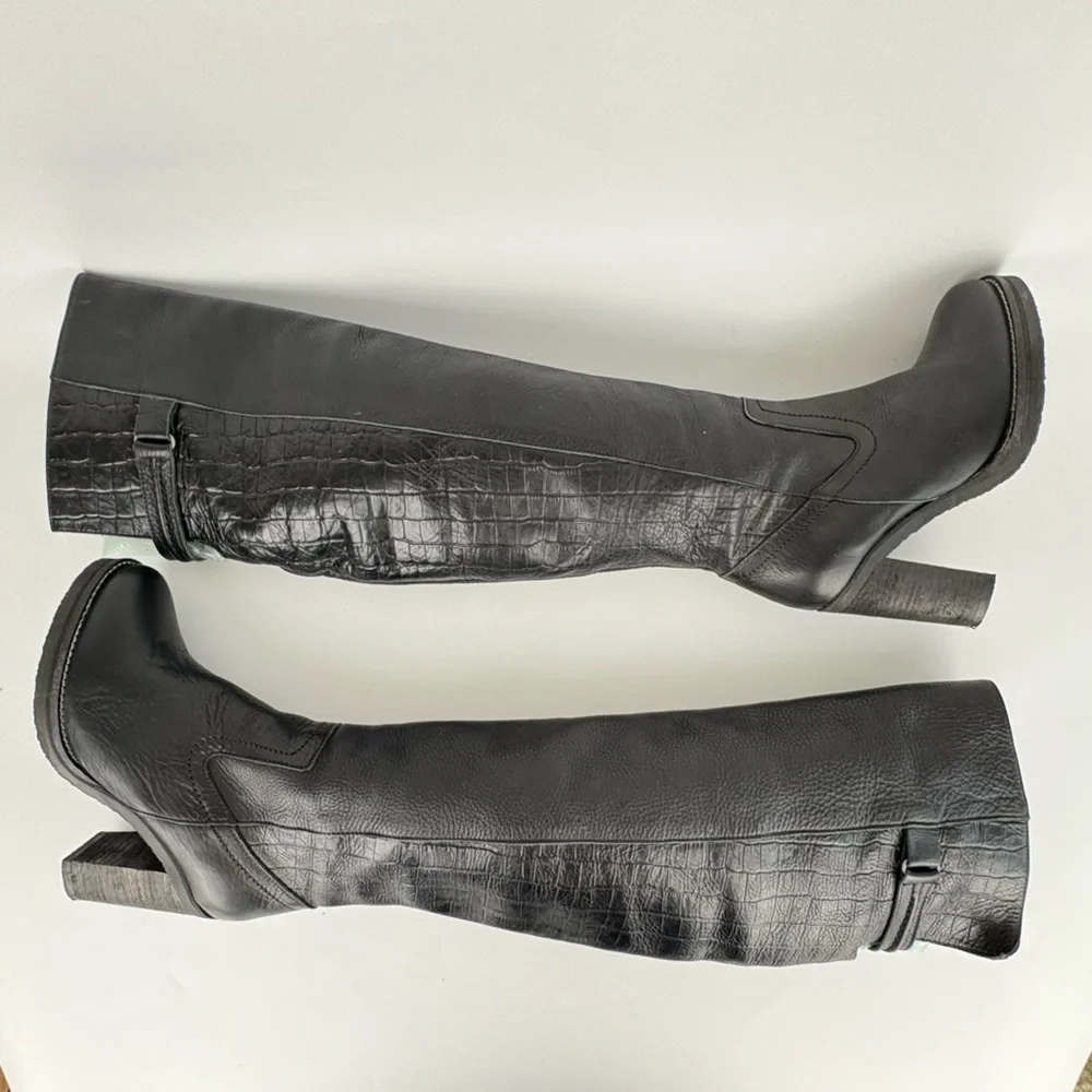 New Free People Black Leather Novak Over the Knee Heeled Boots